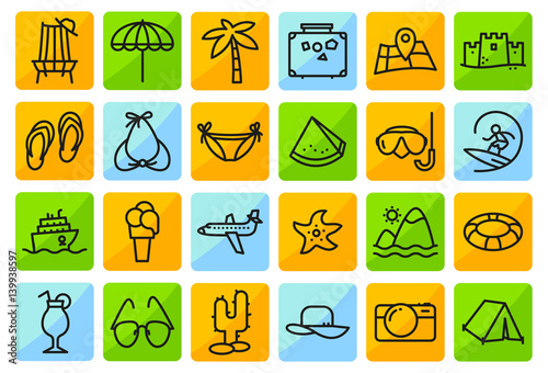 Summer beach icons set in line thin and simply style. Pictogram with recreation, travel and vacation objects.
