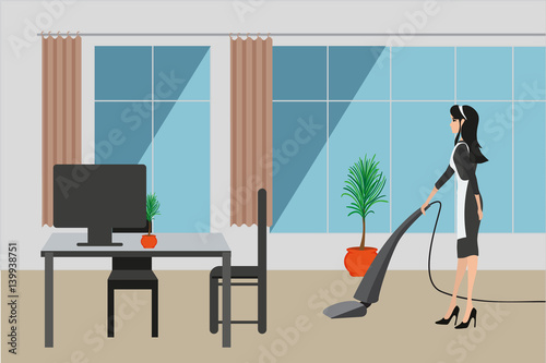 Maid cleans and vacuums floor in front of the office's windows / Girl or women in uniform/ Get cleaning service