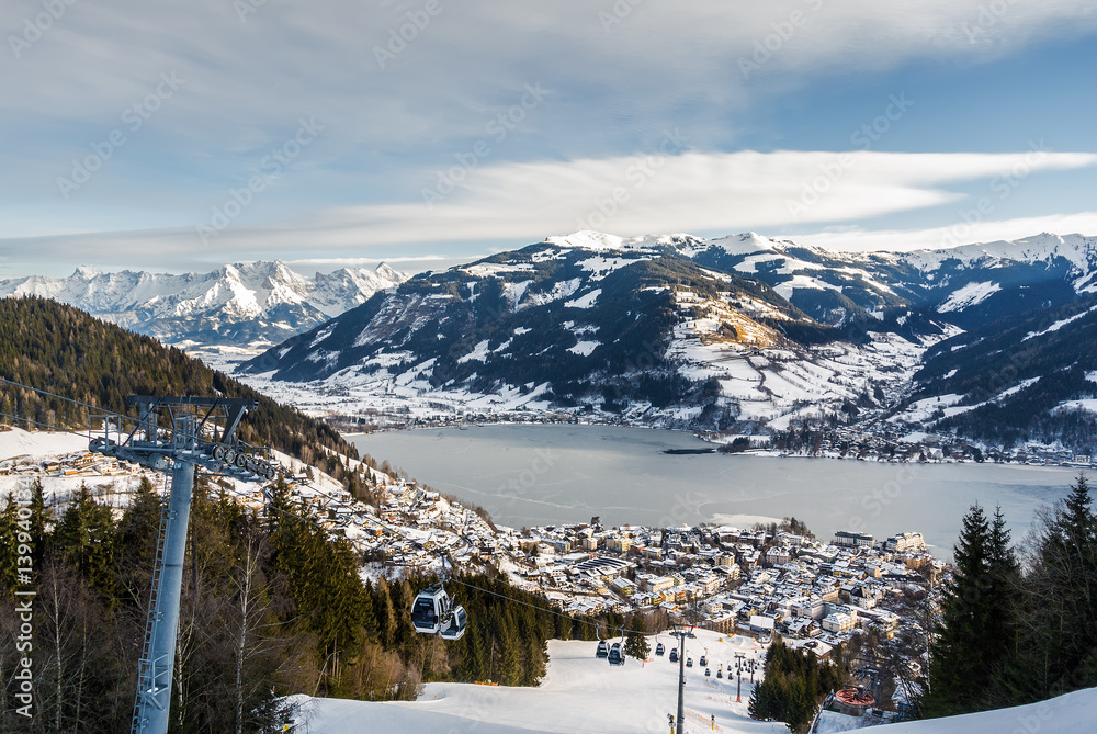 Sunny view of ski slope near Zell am See, Austria.
