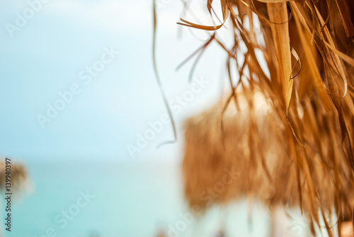 Canvastavla Parasol of dried grass and sea blurred in the background
