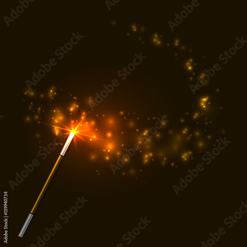 Vector golden magic wand with bright lights on dark brown background.