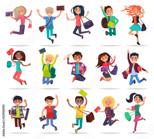 Jumping Happy People with Bags and Books in Hands