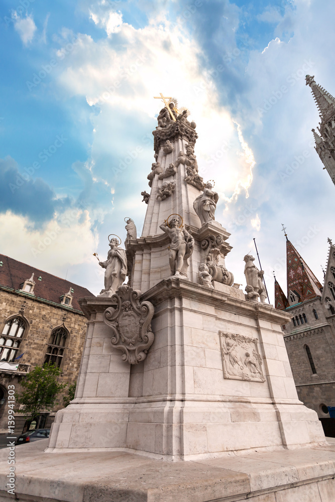 Holy Trinity Statue on the Fishermen's Bastion near Church of St. Matthias in Budapest, Hungary