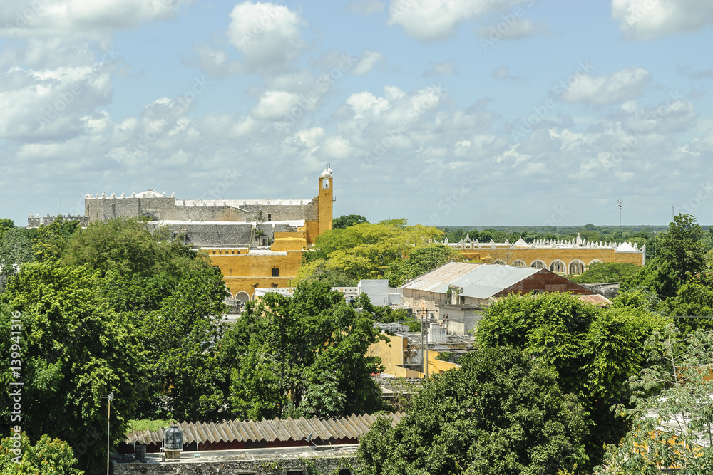 sight of the convent of San Antonio of Padua from the ruins of the big pyramid Kinich kakmo of the city of Izamal in Yucatan, Mexico