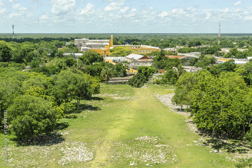 sight of the convent of San Antonio of Padua from the ruins of the big pyramid Kinich kakmo of the city of Izamal in Yucatan, Mexico