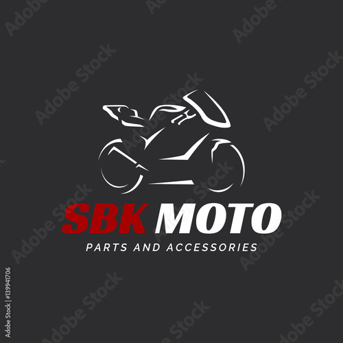 Motorcycle logo on dark background. Modern superbike silhouette.