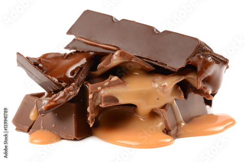 Chocolate with caramel on a white background