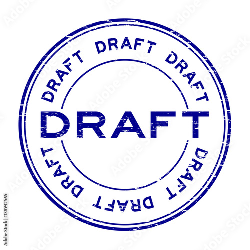 Grunge blue draft round rubber stamp on white background
