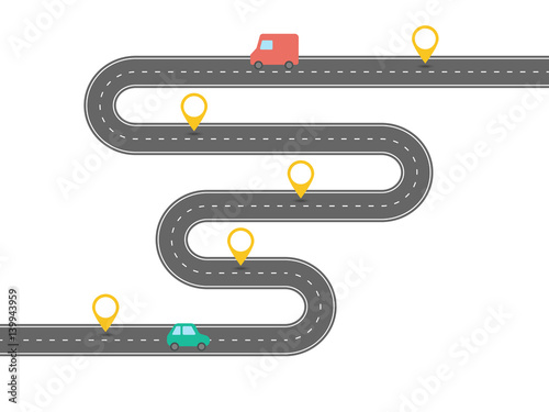 Infographic template. Curve acphalt road with direction, cars and pins. Vector EPS 10