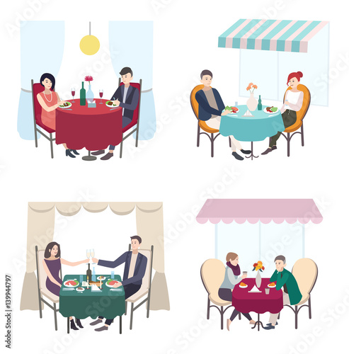 Romantic couple dinner in cafe, restaurant. set of men and woman date. Collection flat illustration.