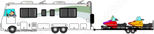 Illustration of a man driving a class A motorhome pulling a flatbed trailer with snowmobiles.