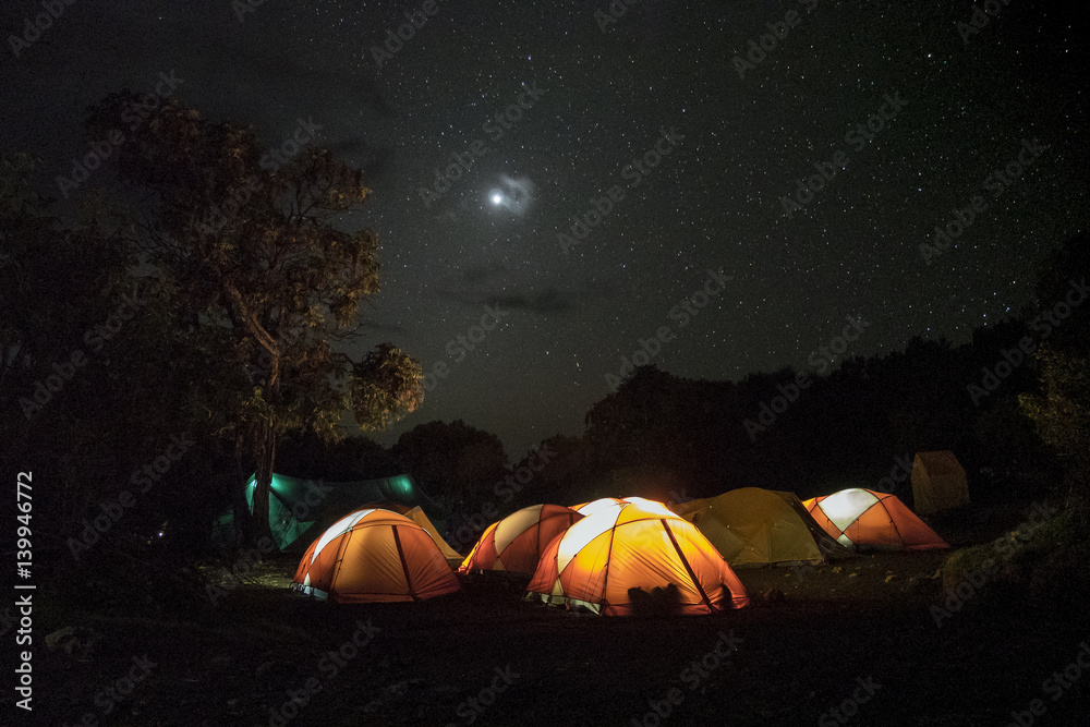 Illuminated tents on Kilimajaro, Marangu route, Tanzania