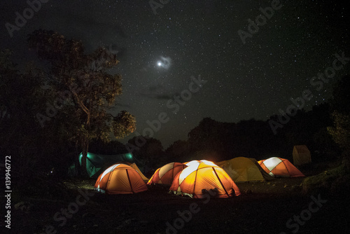 Illuminated tents on Kilimajaro, Marangu route, Tanzania