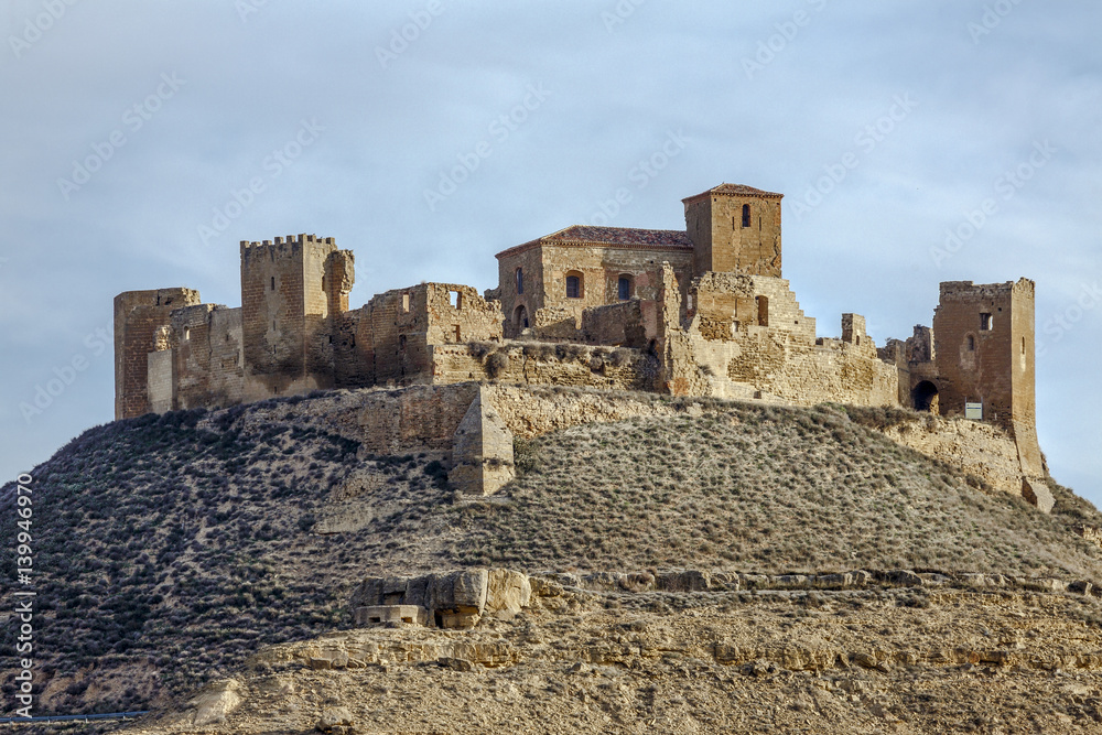 Ruins of a Castle at Montearagon at sunset Huesca Spain