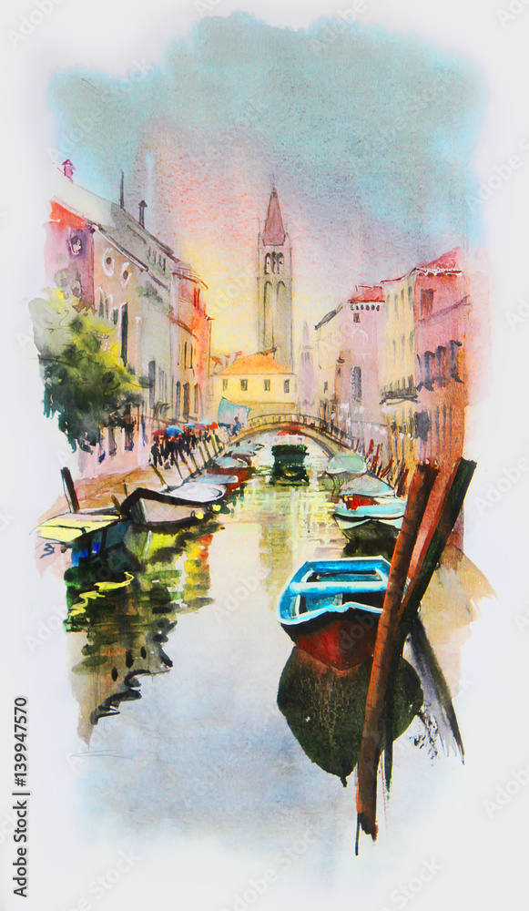 Fototapeta premium Painting of Venice Italy, painted by watercolor
