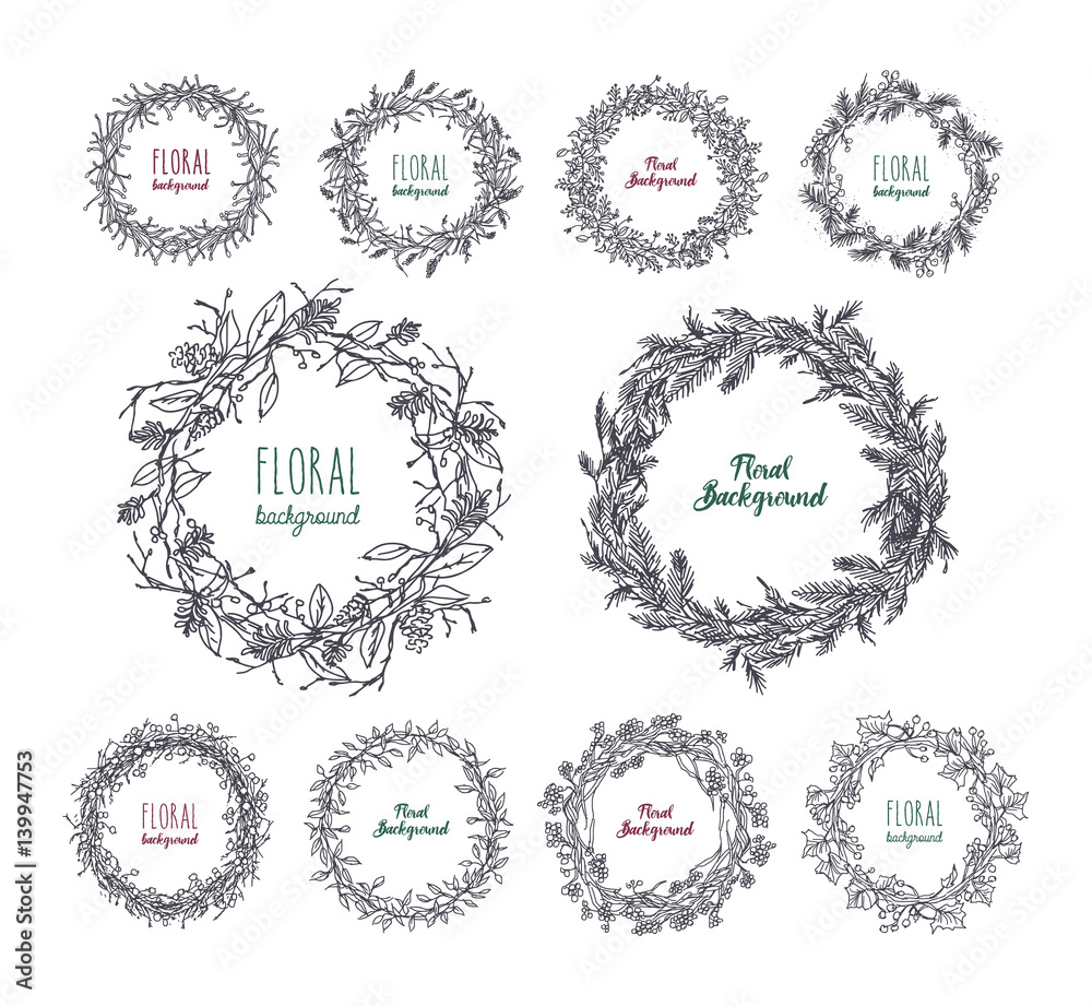 floral wreaths set. hand drawn frames collection.
