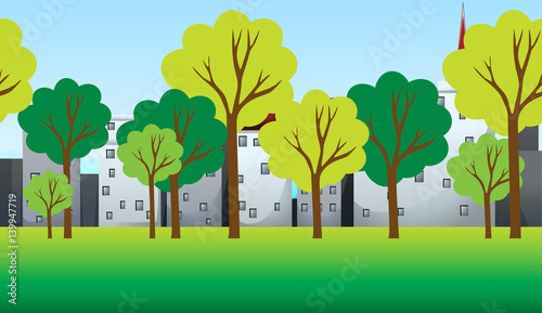 Scene with trees and buildings