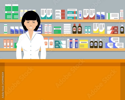 Web banner of a pharmacist. Young woman in the workplace in a pharmacy: standing in front of shelves with medicines. Vector flat illustration