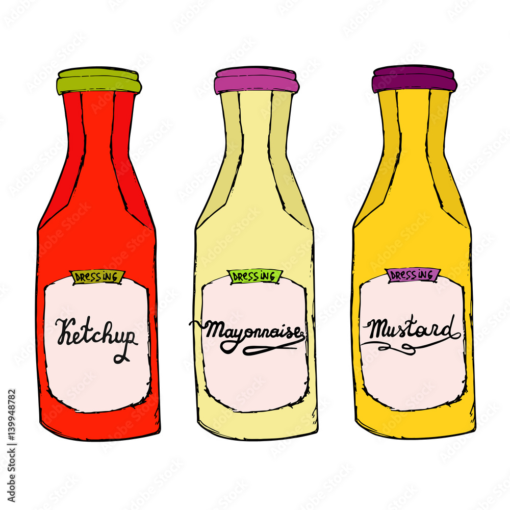 Ketchup, Mustard, Mayonnaise bottles. Hand drawn artistic sketch set ...