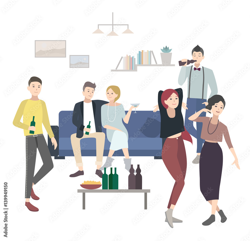 Home party with dancing, drinking people. Flat illustration.