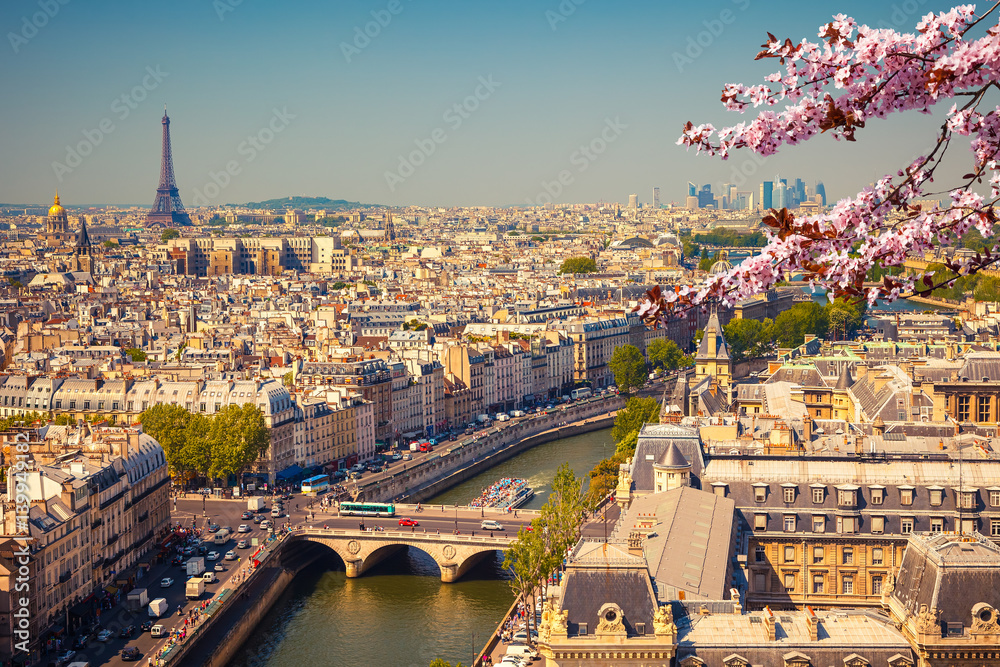 Aerial view of Paris at springtime, France