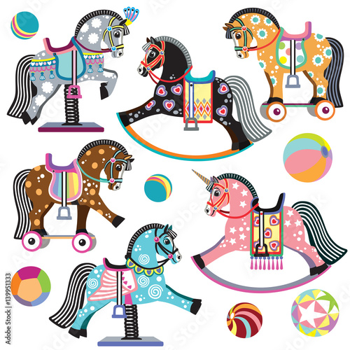cartoon set of pony toys. On wheels, rocking and spring horses for baby and little kid. Isolated vector illustration