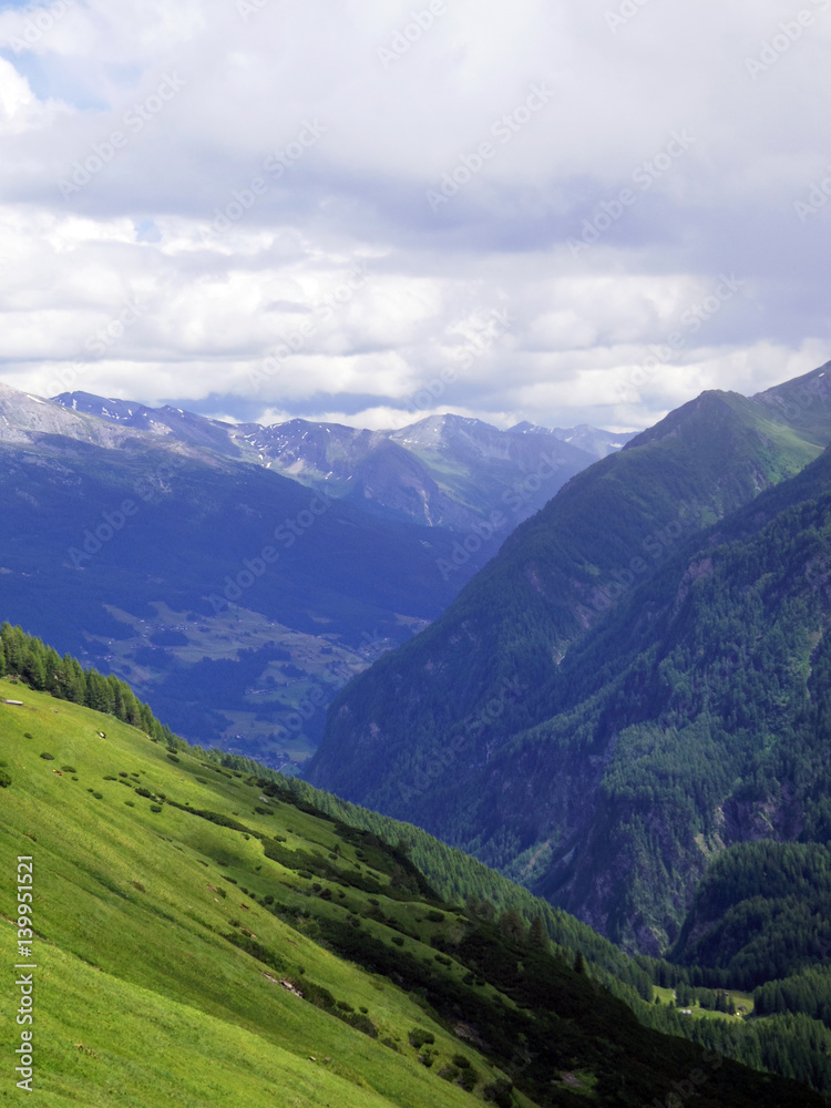 Beautiful majestic view from road trip in Europe. Mountain alp landscape with forest