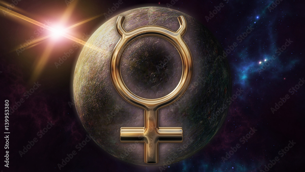 Mercury zodiac horoscope symbol and planet. 3D rendering