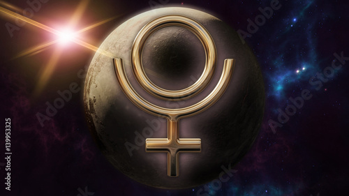 Pluto zodiac horoscope symbol and planet. 3D rendering
