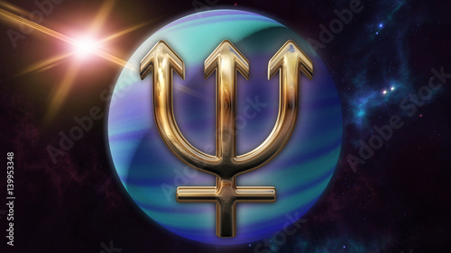 Neptune zodiac horoscope symbol and planet. 3D rendering