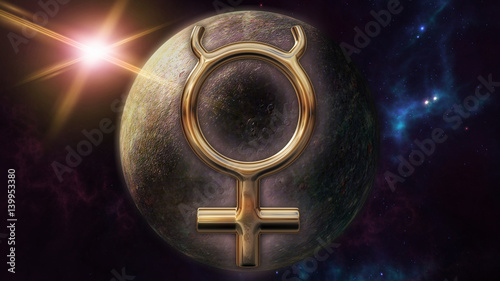 Mercury zodiac horoscope symbol and planet. 3D rendering