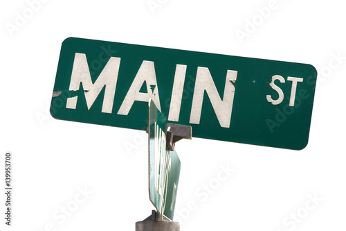 Fotografía Peeling and bent MAIN STREET sign. Isolated.
