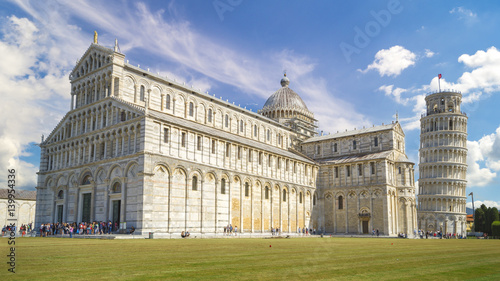 Piazza dei miracoli, with the Basilica and the leaning tower. Pisa, Italy.