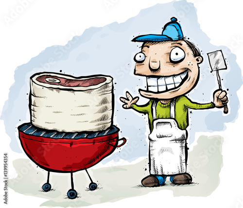 A happy cartoon man with a big smile cooking a thick steak on an outdoor barbeque.