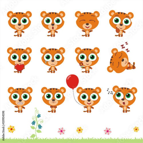 Big set cute little tiger. Collection isolated cartoon tiger in different poses.