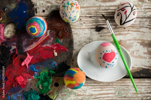 Easter eggs coloring project. Eggs aranged in an old bowl