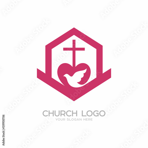 Church logo. Christian symbols. The cross of the Lord and Savior Jesus Christ, the building of the church, the Holy Spirit is a dove.