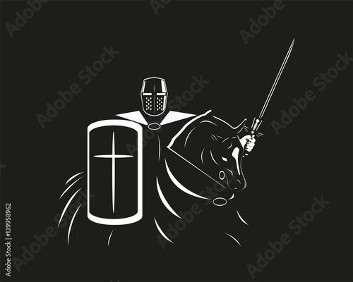 A knight in armor with a shield and a sword on a horse. Vector illustration in the style of black and white graphics.