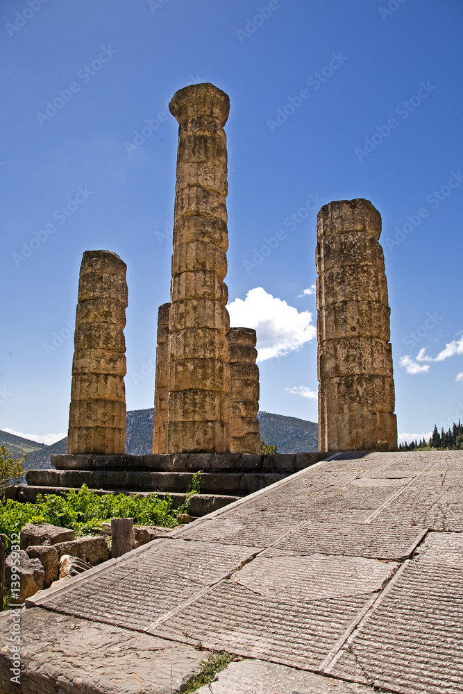 Sanctuary of Apollo at Delphi, Greece. An ancient, sacred temple. Sits on the side of Parnassos mountain.