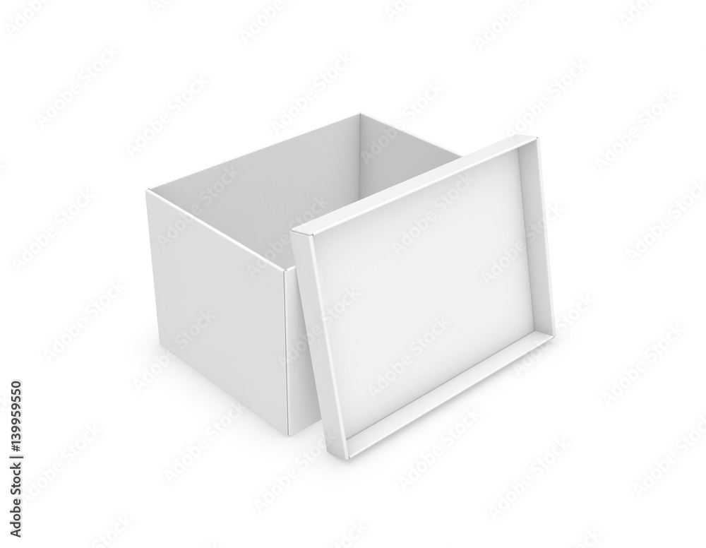 3d rendering of a white rectangle box with a lid leaning on its side on white background. 3d rendering of a white rectangle box with a lid leaning on its side on white background.