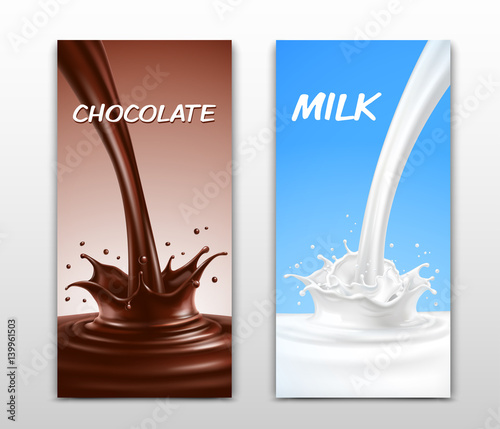 Realistic splash of pouring chocolate and milk. Vertical banners