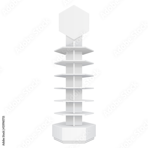 Hexagon, Hexagonal POS POI Cardboard Floor Display Rack For Supermarket Blank Empty. Mock Up. Illustration Isolated On White Background. Ready For Your Design. Product Advertising. Vector EPS10