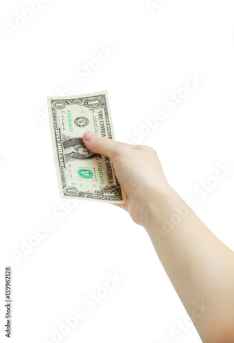 men hand giving one dollar isolated on white background