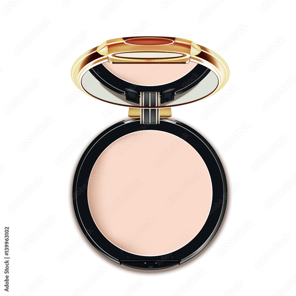 Face Cosmetic Makeup Powder in Black and gold Case with Mirror Top View Isolated on White Background. Vector. Face Cosmetic Makeup Powder in Black and gold Case with Mirror Top View Isolated on White Background. Vector.