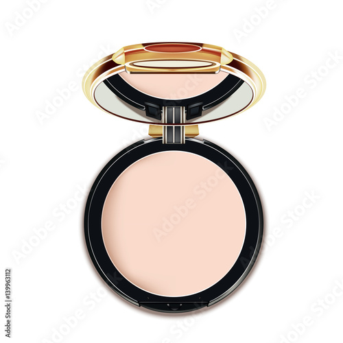 Face Cosmetic Makeup Powder in Black and gold Case with Mirror Top View Isolated on White Background. Vector.