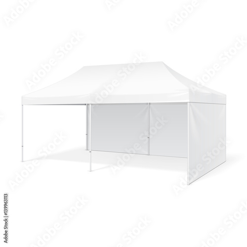 Promotional Advertising Outdoor Event Trade Show Pop-Up Tent Mobile Marquee. Mock Up, Template. Illustration Isolated On White Background. Product Advertising Vector