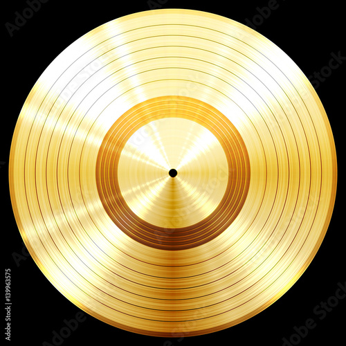 Gold record music disc award isolated on black background.