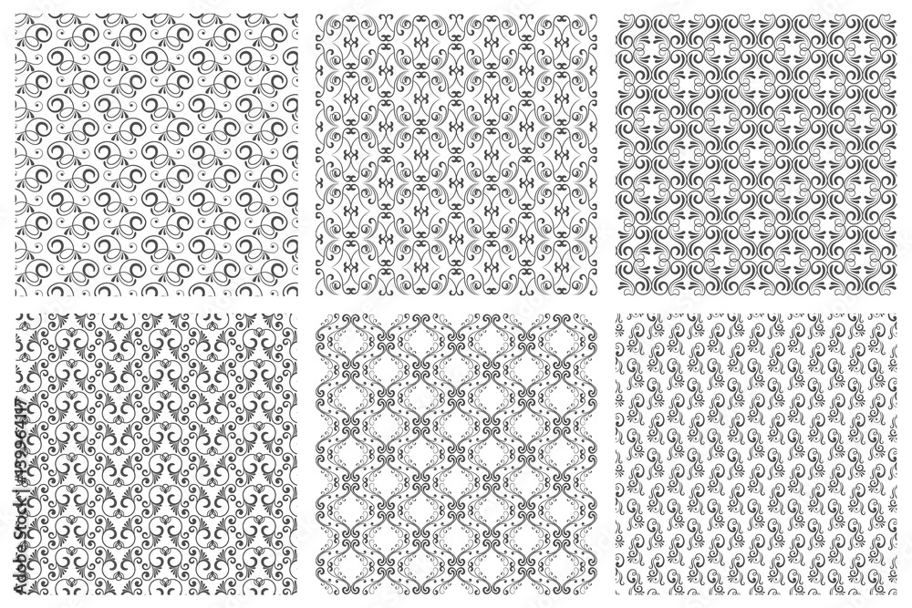 Damask vector oriental floral vintage seamless pattern set. Calligraphic patterns from curls on white background
