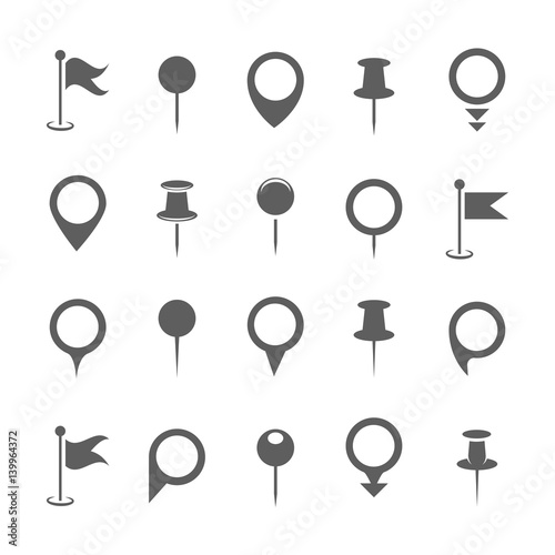 Map pin icons. Vector black place pointer or location marker signs isolated on white background