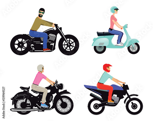 Motorradfahrer auf verschiedenen Typen und Modellen